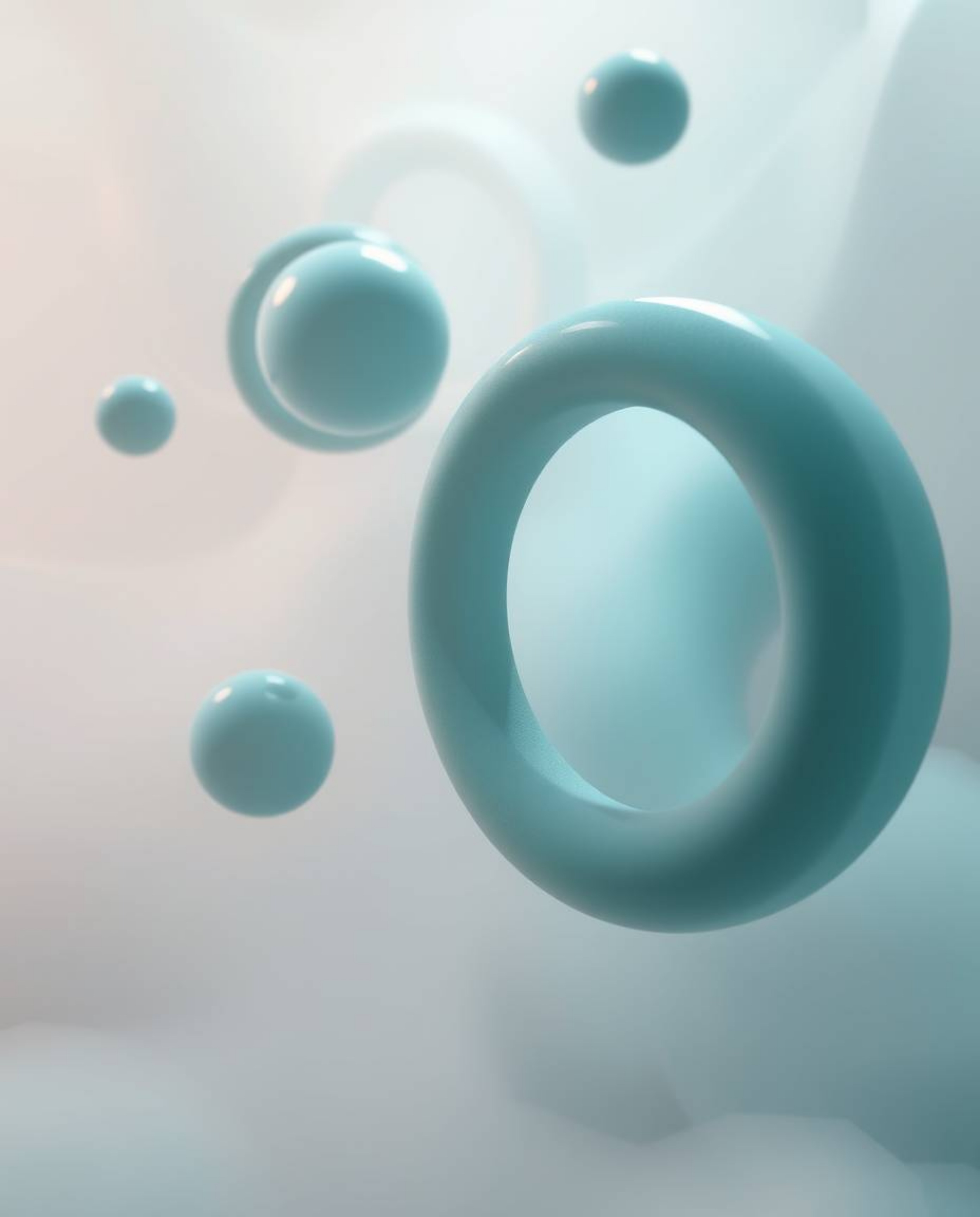 Immerse yourself in a soft, dreamy cinematic rendering showcasing abstract 3D shapes gracefully floating in space. The image 