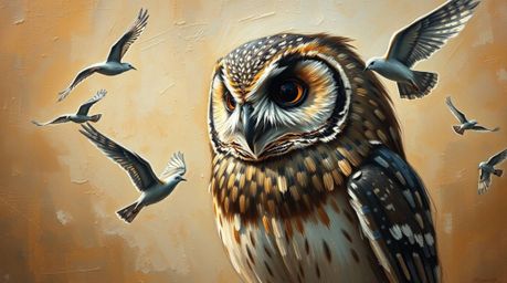 Classic oil painting depicting a blind owl in Pixar style, rendered with rich textures and visible brushstrokes. This artwork