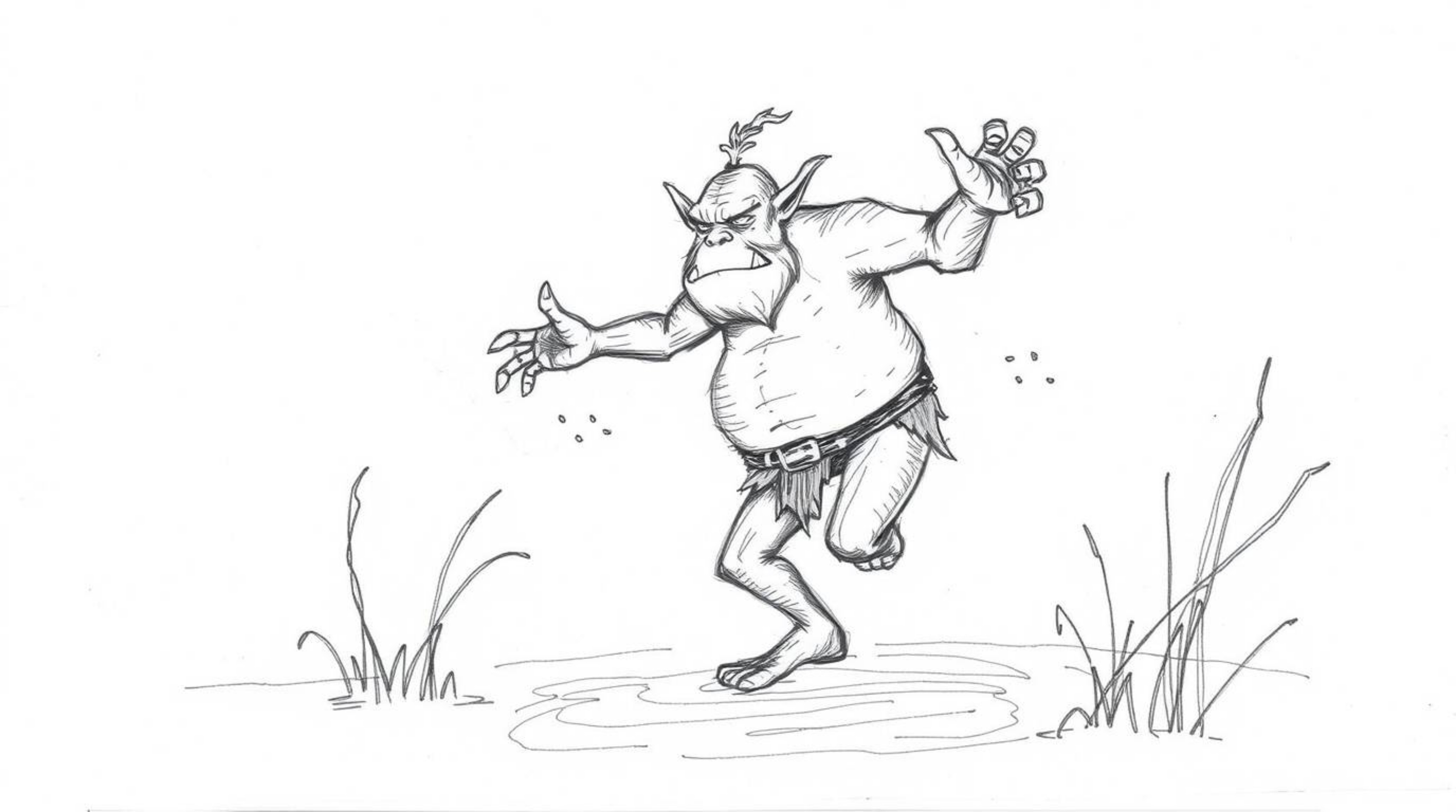 A whimsical hand-drawn sketch depicts an ogre joyfully dancing in a swamp.  The illustration features expressive pencil strok