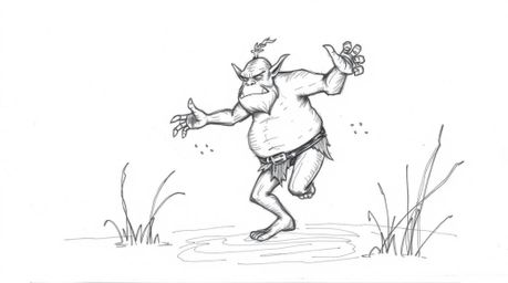 A whimsical hand-drawn sketch depicts an ogre joyfully dancing in a swamp.  The illustration features expressive pencil strok