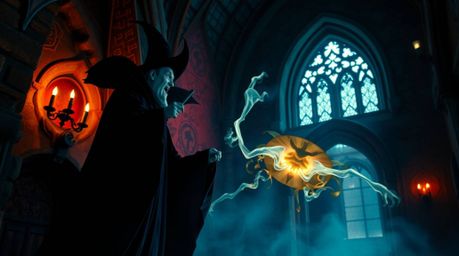 A classic Disney villain casts a mesmerizing spell within the ancient walls of an old castle, illuminated by vibrant biolumin