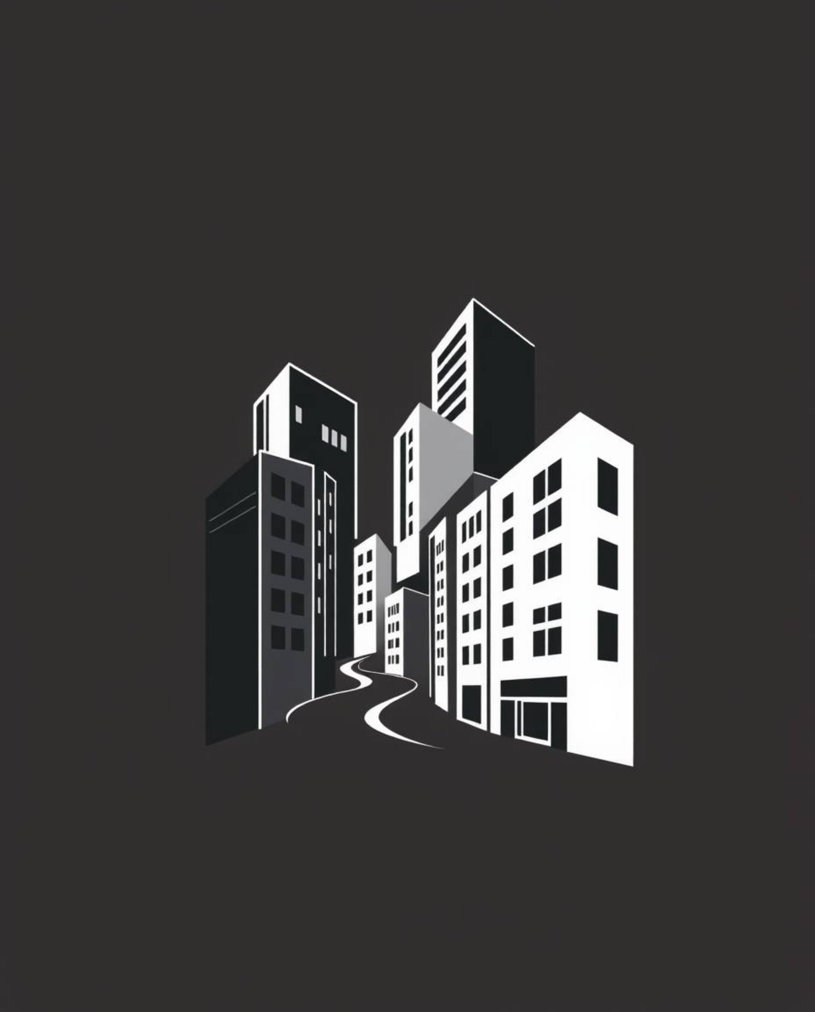 A classic black and white logo design features a surreal street scene with folding and twisting buildings in geometric shapes