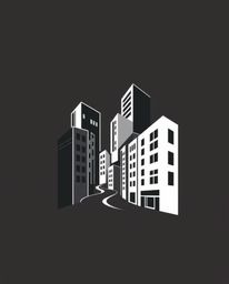 A classic black and white logo design features a surreal street scene with folding and twisting buildings in geometric shapes