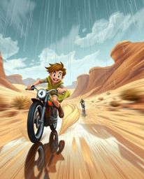 A dynamic illustration capturing a Disney-style hero's action-packed desert adventure, uniquely set during a rainy scene. The
