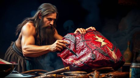 This image captures a vivid depiction of a caveman expertly preparing mammoth meat. The scene is bathed in rich burgundy and 
