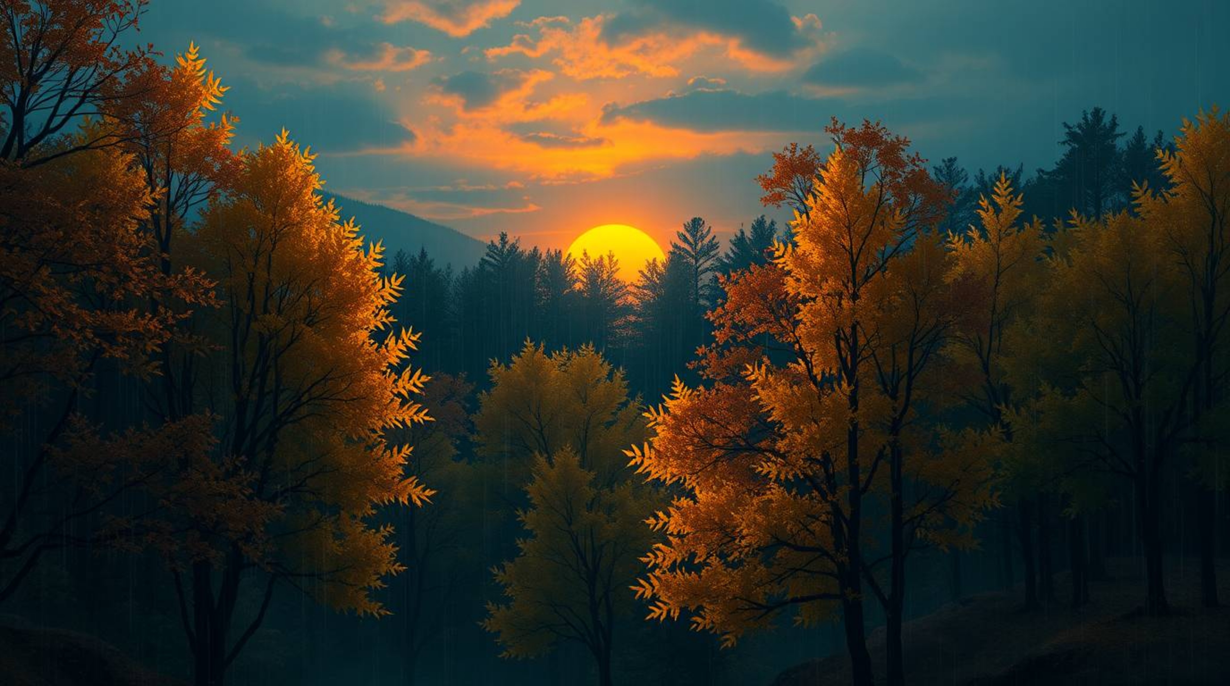 A captivating digital painting showcases a lush autumn forest scene bathed in the golden light of a muted sunset.  Under a ri