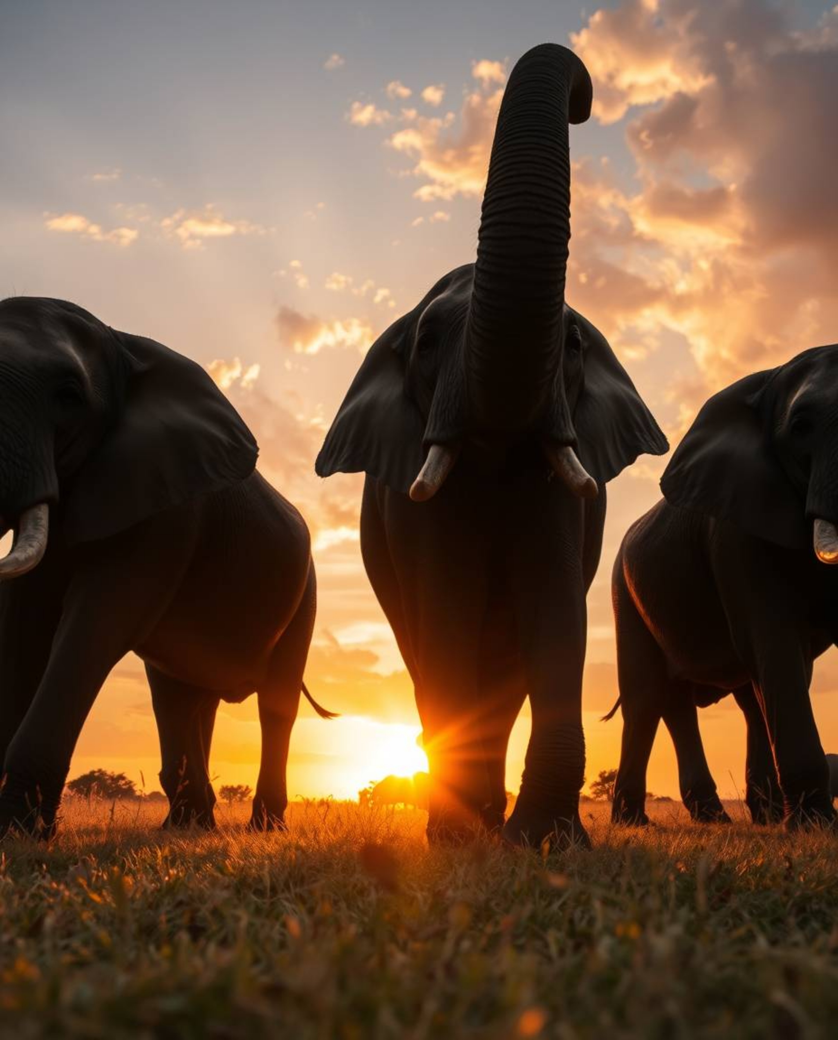 This photograph dramatically captures elephants walking across a field at sunset from a powerful low-angle perspective. The u