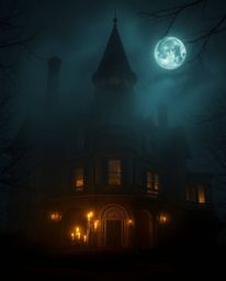 An eerie and creepy photograph showcases a fog-covered Victorian mansion bathed in moonlight. Flickering candlelight casts a 