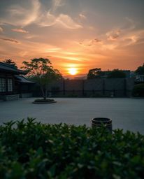 This is a high-resolution, professional-quality stock photograph of a serene Zen garden at sunset, perfectly suited for comme