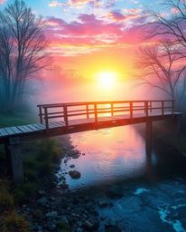 An ethereal and spiritual depiction of an old wooden bridge over a river at sunset, bathed in bright, vibrant colors. The sce