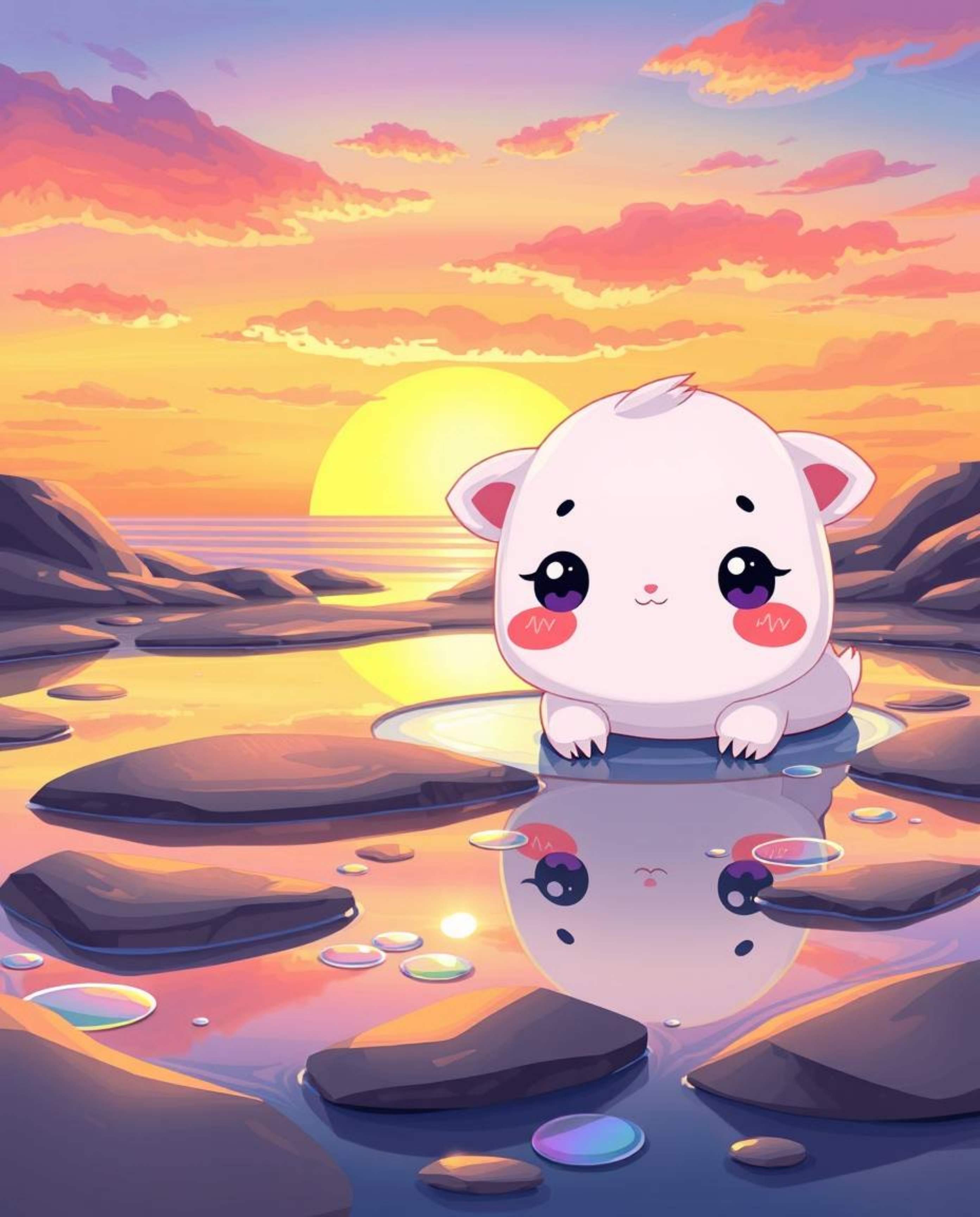 An adorable and cute illustration captures a sunset sky mirrored in the tidal pools on a beach, brought to life with shimmeri