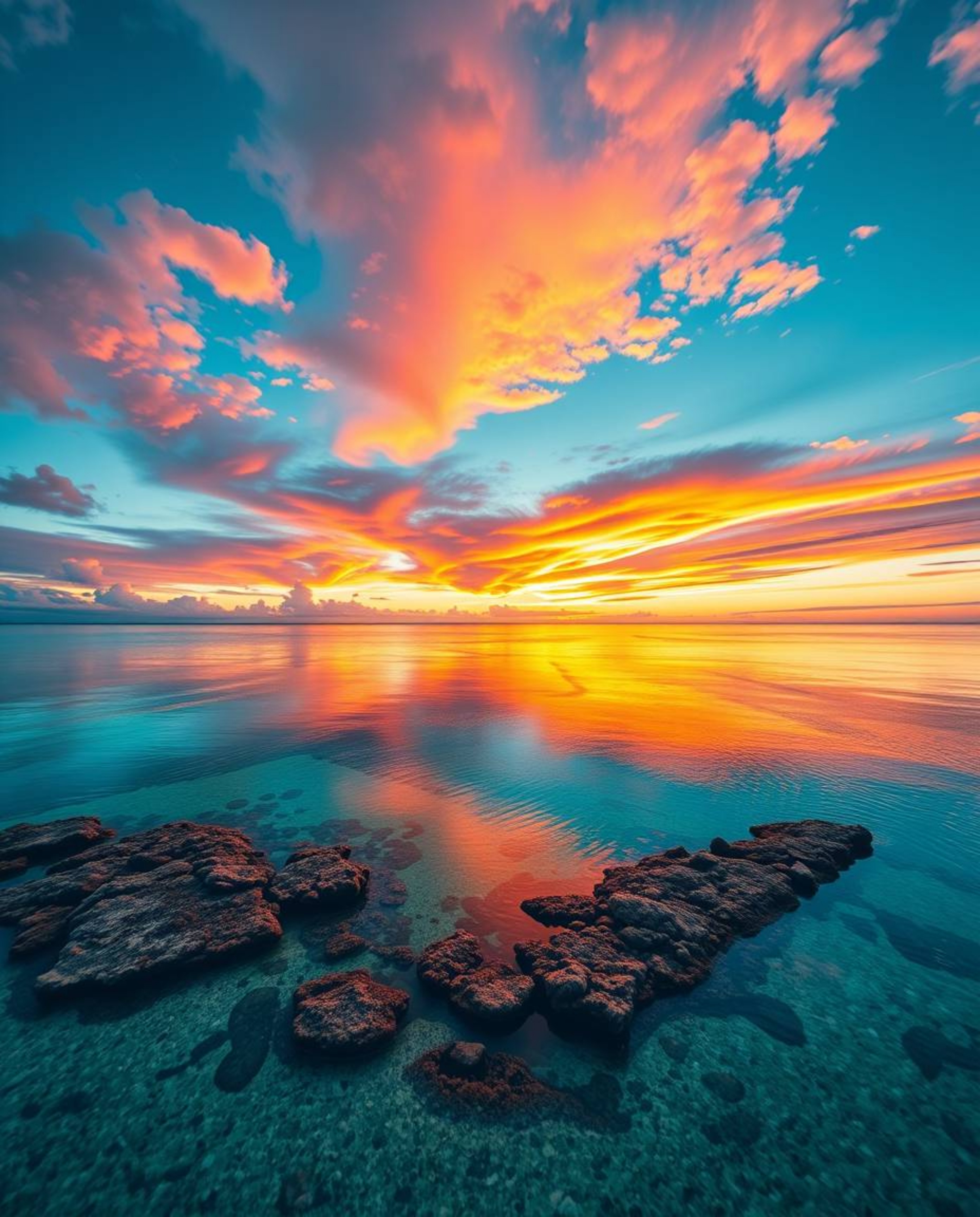 A sophisticated logo design, viewed from a high-angle perspective, captures a colorful sky over a coral reef at low tide. The