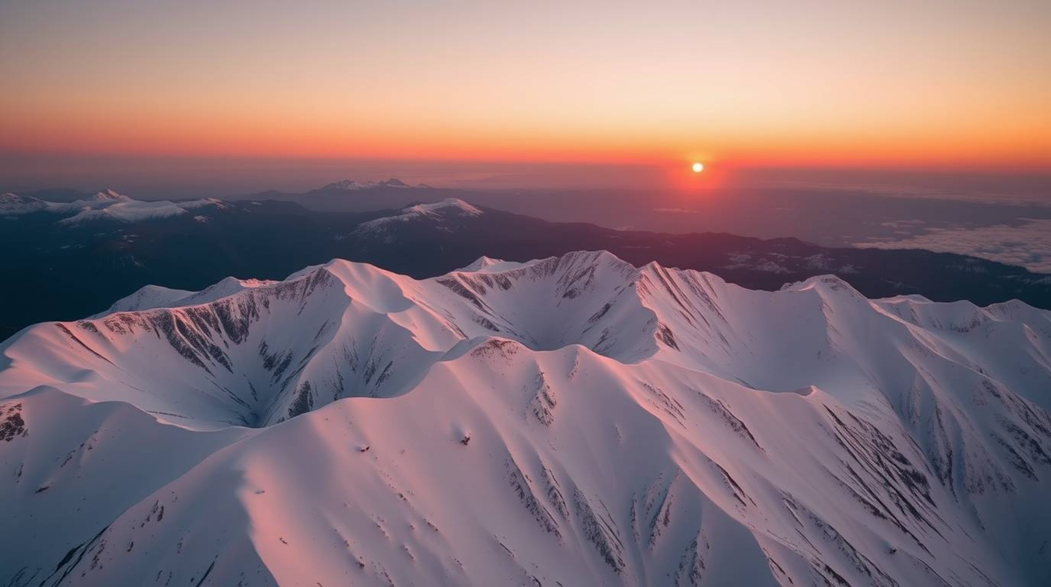 Experience the breathtaking view of snow-capped mountains glowing under a pastel sunset. This high-angle photograph captures 