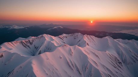 Experience the breathtaking view of snow-capped mountains glowing under a pastel sunset. This high-angle photograph captures 