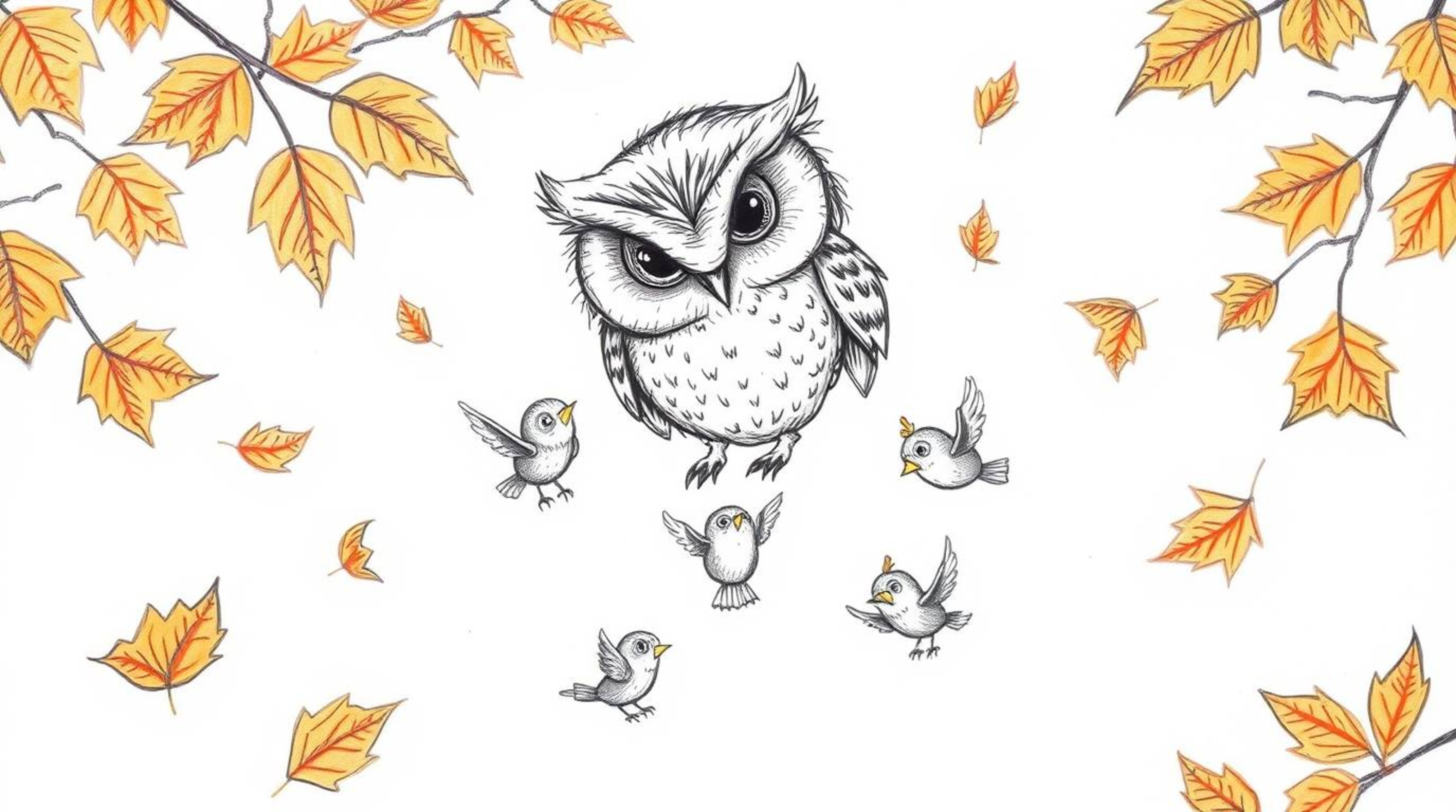 A Pixar-inspired hand-drawn sketch depicts a blind owl with expressive eyes and soft, detailed feathers. The owl guides fledg