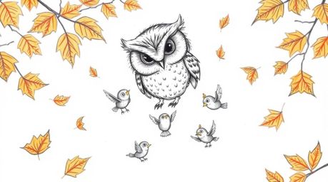 A Pixar-inspired hand-drawn sketch depicts a blind owl with expressive eyes and soft, detailed feathers. The owl guides fledg