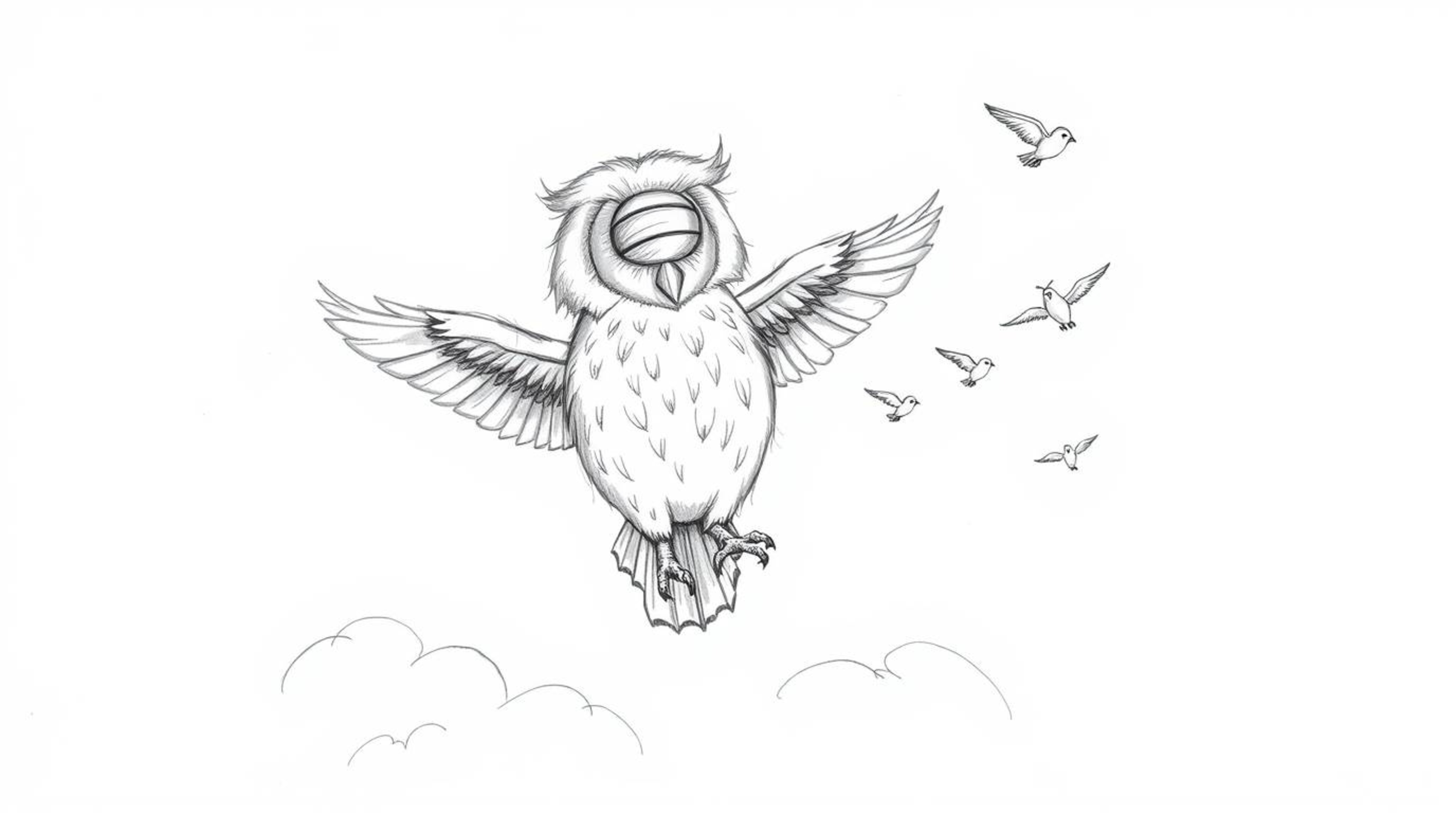 A heartwarming Pixar-style sketch depicts a blind owl with scruffy feathers, guiding small birds in flight above the clouds. 