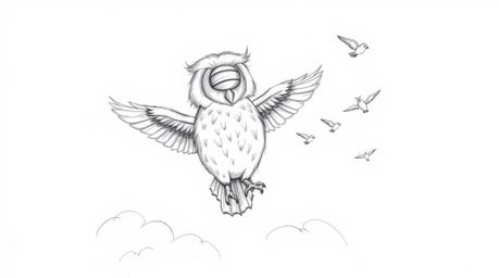 A heartwarming Pixar-style sketch depicts a blind owl with scruffy feathers, guiding small birds in flight above the clouds. 