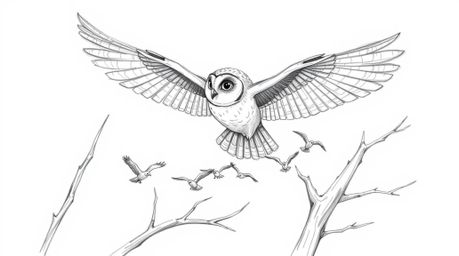 A charming hand-drawn pencil sketch depicts a blind Pixar-style owl gracefully gliding between tree branches.  The owl, rende