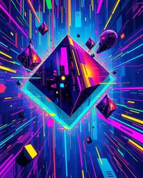 A vibrant digital painting showcasing a futuristic sci-fi style with glitched geometric shapes floating in cyberspace, evokin