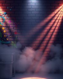 A striking scene of volumetric lighting illuminates a brick wall adorned with vibrant graffiti-style splashes. Visible light 