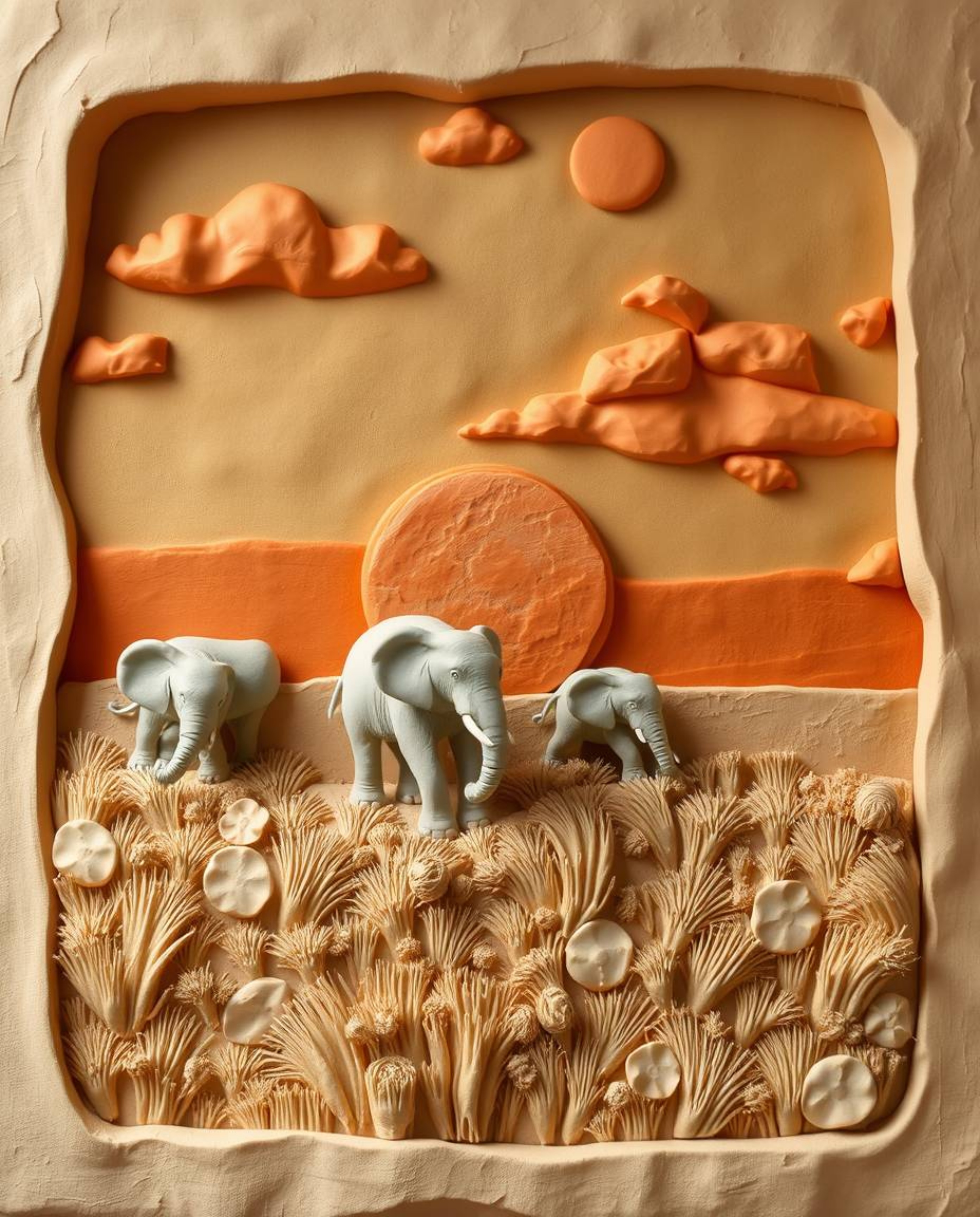 This artwork is a sculptural clay art rendition of elephants walking across a field at sunset. The piece emphasizes beautiful
