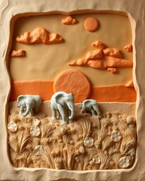 This artwork is a sculptural clay art rendition of elephants walking across a field at sunset. The piece emphasizes beautiful
