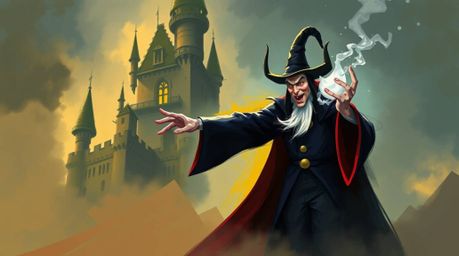 A dynamic digital sketch showcases a classic Disney villain conjuring a spell within the misty atmosphere of an ancient castl