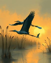 A tight close-up digital sketch of herons flying in a golden hour wetlands scene, presented in an unfinished concept-art styl