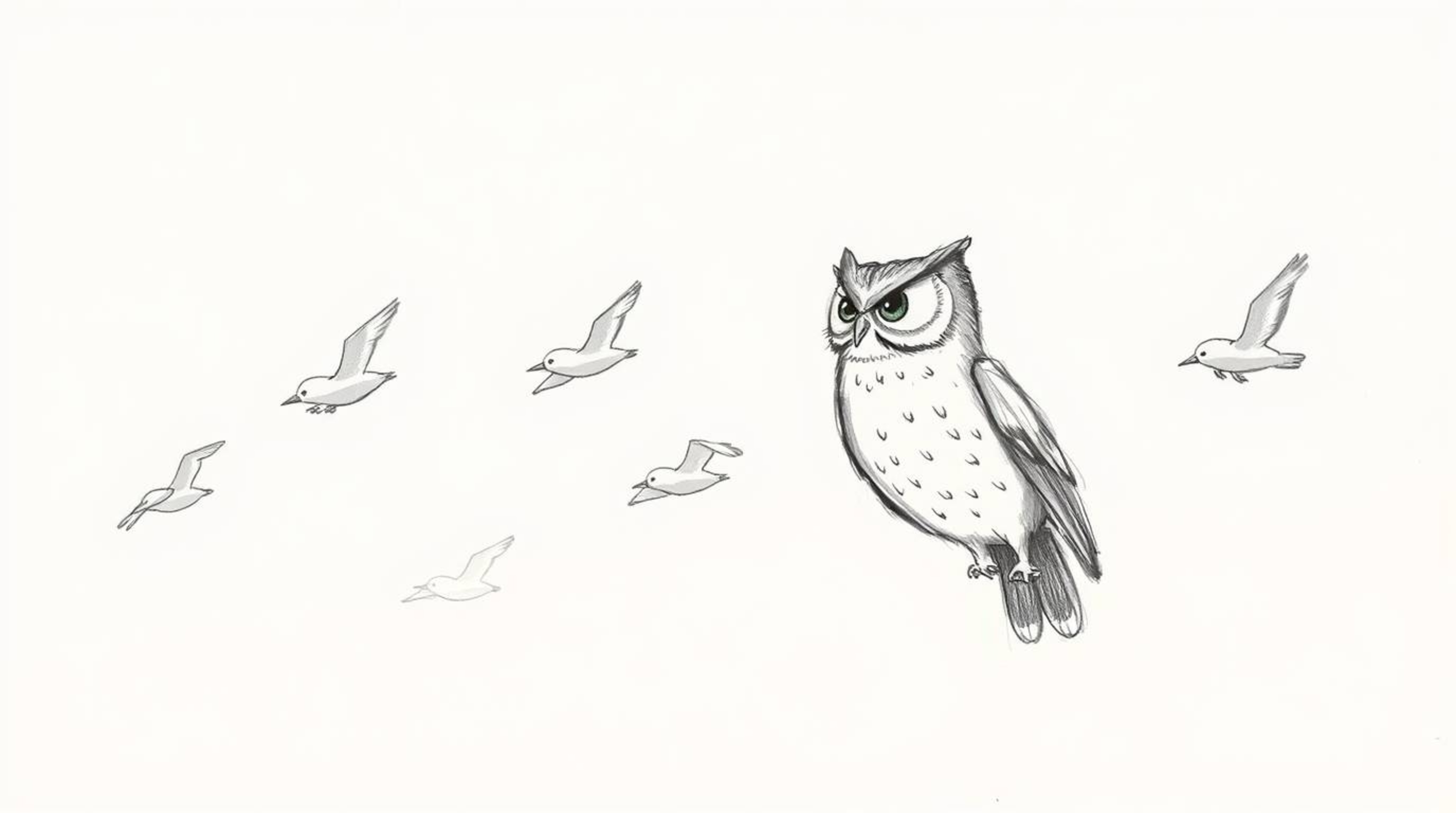 A Pixar-inspired hand-drawn sketch depicts a blind owl, gently sketched with soft features, leading a flock of birds in perfe