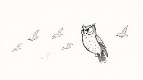 A Pixar-inspired hand-drawn sketch depicts a blind owl, gently sketched with soft features, leading a flock of birds in perfe