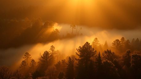 Capture the breathtaking beauty of a radiant and luxurious forest scene at golden hour.  Mist rises from the trees, bathed in