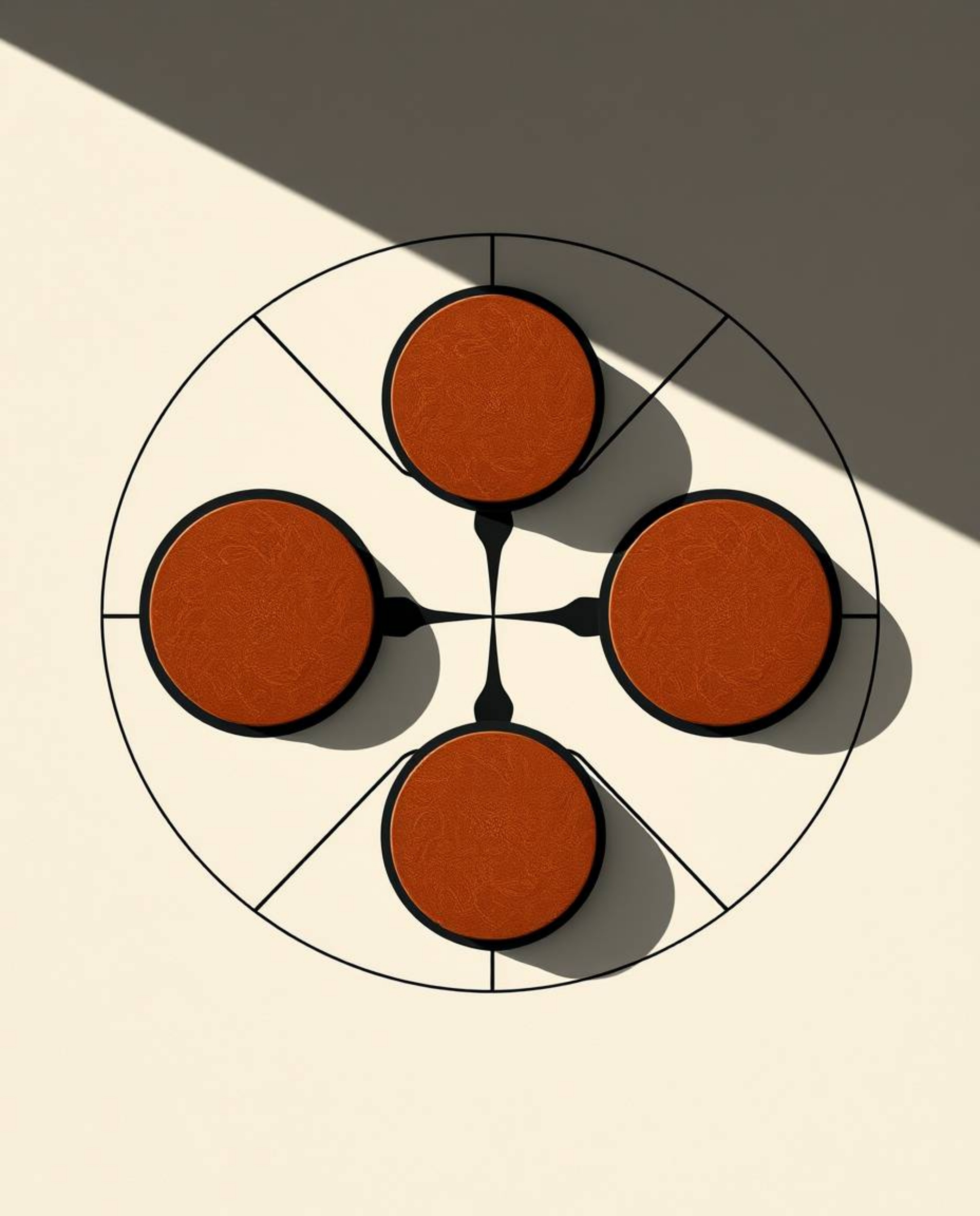 An overhead shot reveals a minimalist geometric pattern in the Bauhaus style. Composed of intersecting circles and lines, the