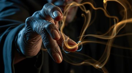 A dramatic close-up captures the gnarled hands of a classic Disney villain as they cast a powerful spell.  Long exposure phot