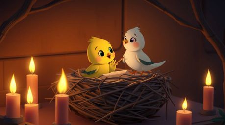 Delightful animation showcasing two cartoon birds diligently constructing their nest. The scene is bathed in the warm, flick