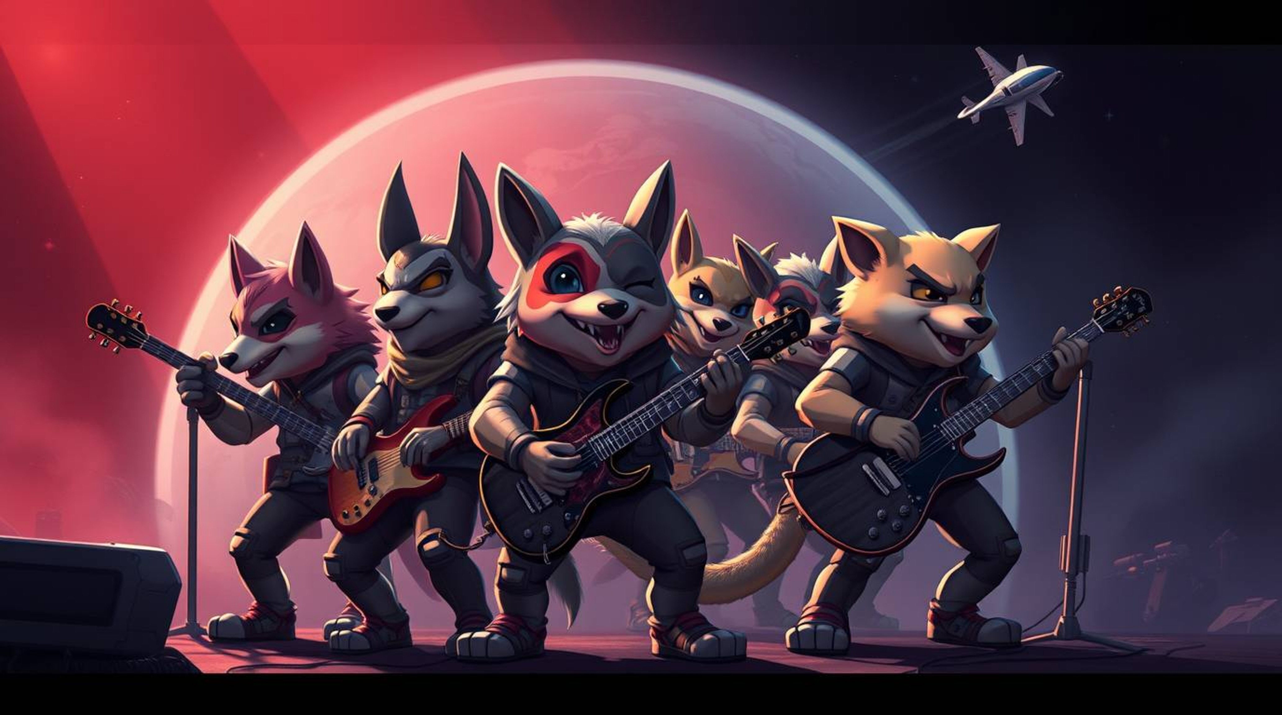 Imagine a cartoon animal band rocking out in a futuristic, sci-fi world. Their music blends the energy of rock with advanced 