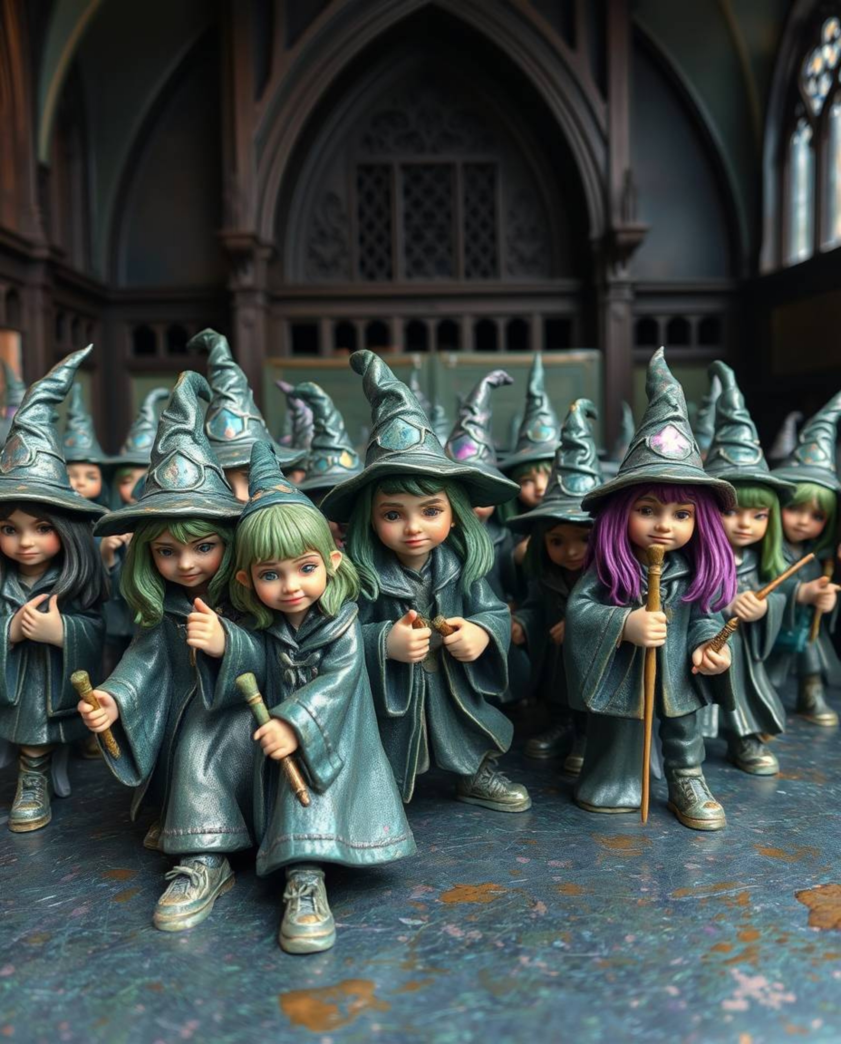Discover a captivating illustration of a magical school brimming with young wizards.  Rendered in cool blues, greens, and pur