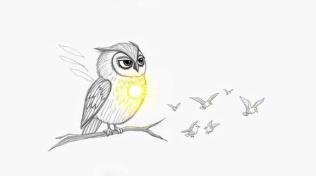 This captivating artwork depicts a blind owl, rendered in a Pixar-style hand-drawn sketch with textured pencil lines, teachin