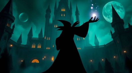 A classic Disney villain, silhouetted against the backdrop of a grand, futuristic old castle, casts a powerful spell.  The ep