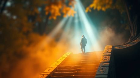 Experience the captivating allure of a solitary figure ascending a stone staircase bathed in volumetric lighting, towards a d