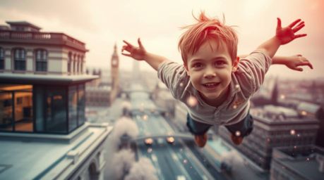 Experience a tight close-up shot capturing a young boy soaring above London, powered by pixie dust. The image boasts surreal 
