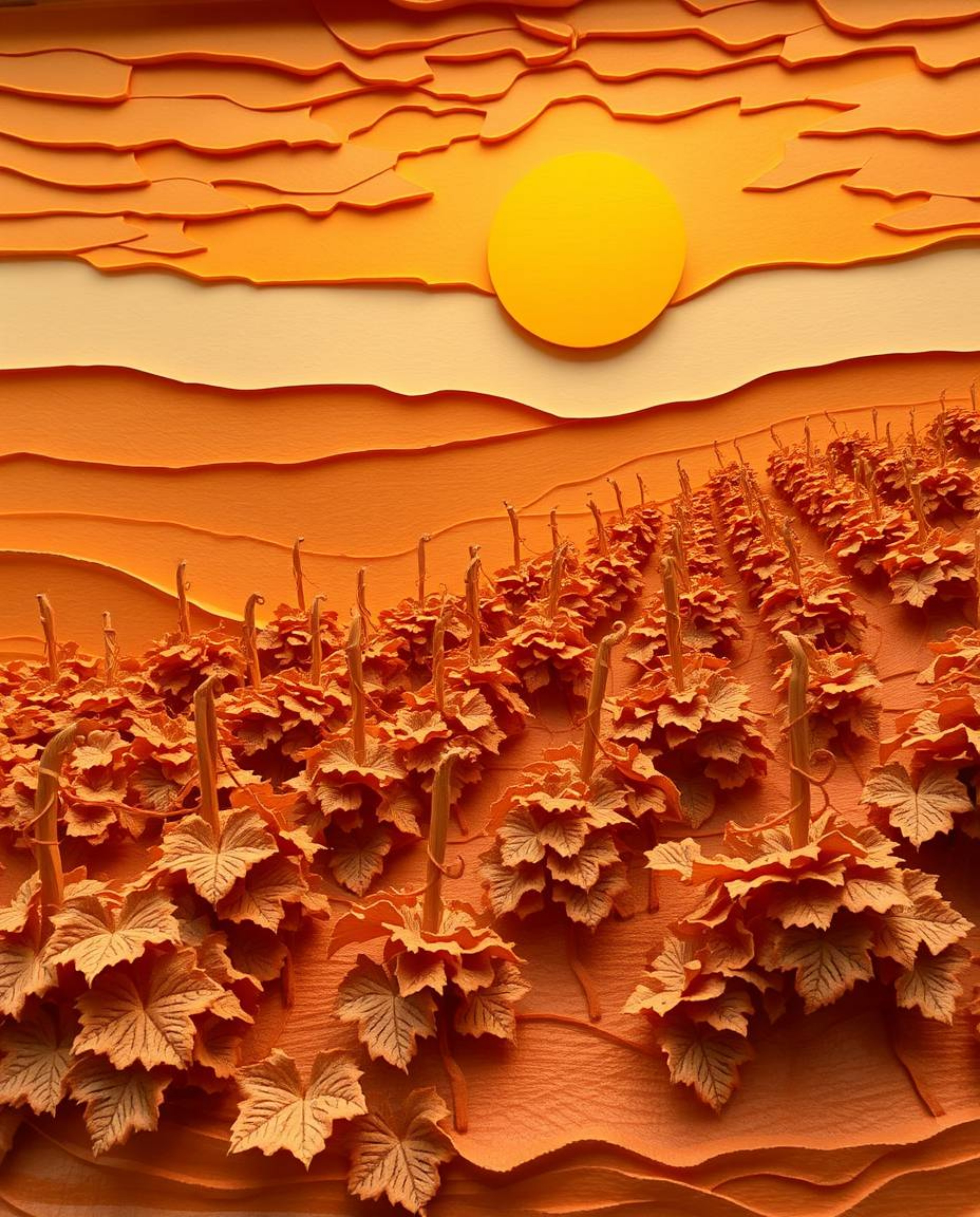 A layered papier-mâché sculpture depicts a warm golden sunset over a vineyard. This unique artwork features sculpted rows of 