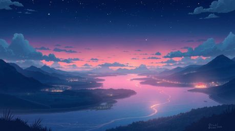 Explore a charming Isekai anime style depiction of a river delta bathed in the soft, twilight colors. This adorable and cute 