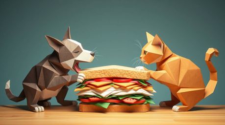 A whimsical depiction of a dog and cat engaged in a playful fight over a giant sandwich.  Rendered in soft pastel colors and 