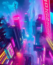 Experience a dreamlike, surreal high-angle perspective of a vibrant cyberpunk cityscape.  This fantastical image showcases co