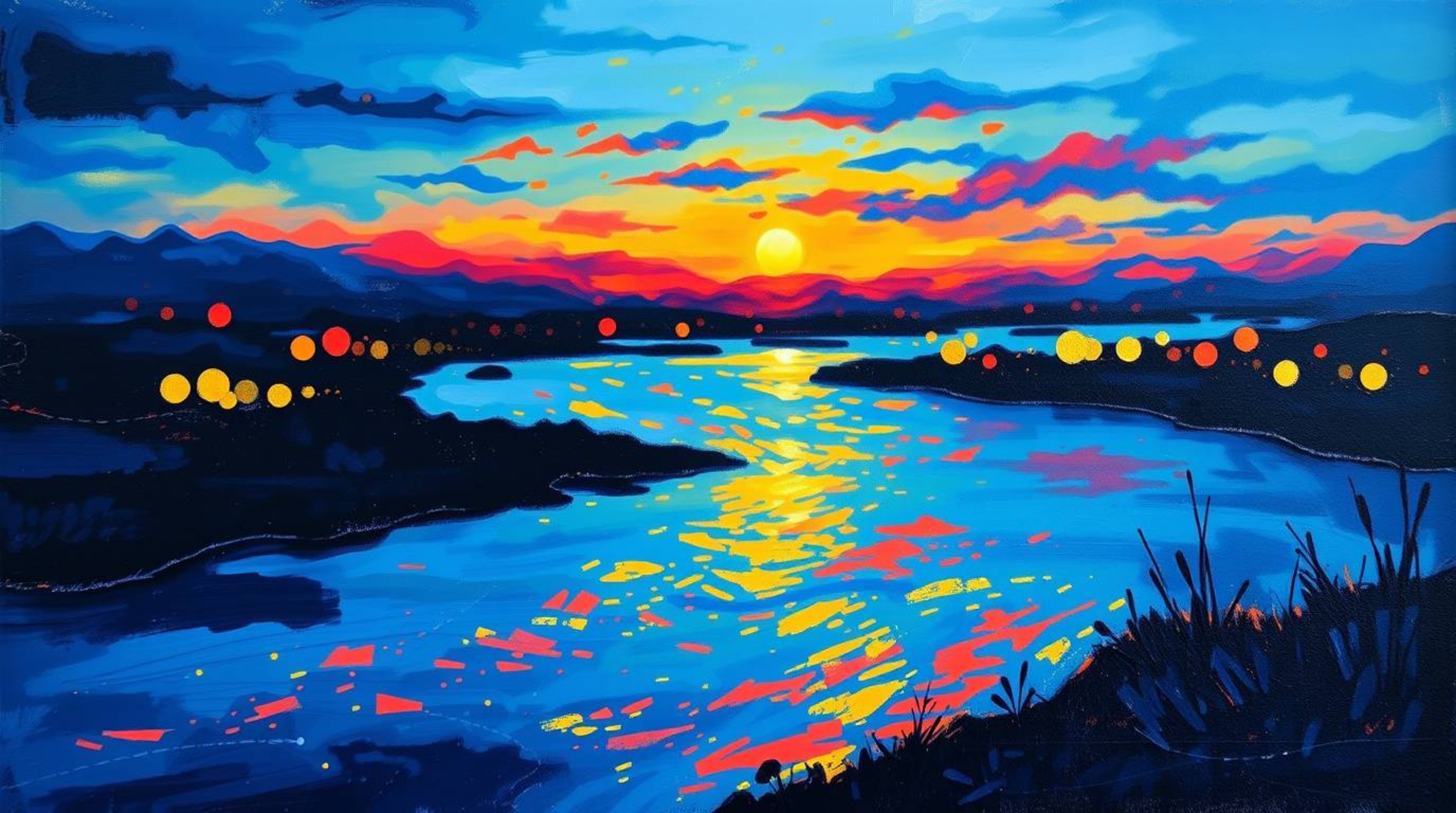A captivating acrylic painting showcases a river delta bathed in the warm glow of twilight.  The artwork features vibrant col