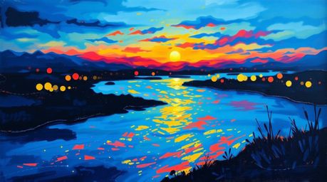 A captivating acrylic painting showcases a river delta bathed in the warm glow of twilight.  The artwork features vibrant col