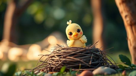 A charming image showcases two cartoon birds diligently building a nest, captured with a long exposure technique that creates