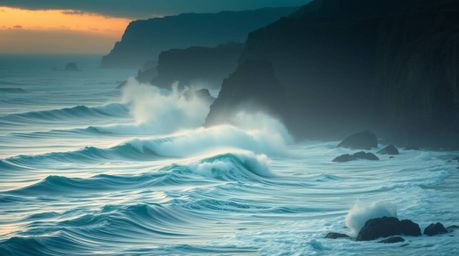 Capture the dreamy atmosphere of waves crashing against cliffs at sunset.  Experience rich, deep teal hues, soft light, and a
