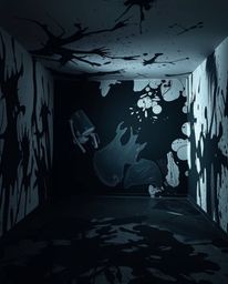 Experience the chaotic beauty of a room exploding with paint, meticulously rendered in a professional, fine art style. This a